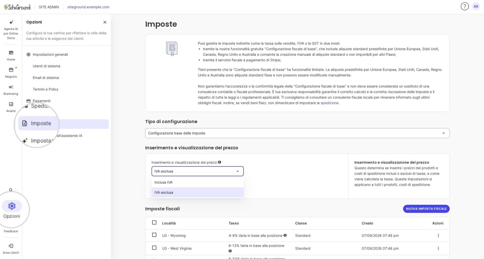Pagina di impostazioni delle tasse in SiteGround Ecommerce con 'Configurazione fiscale di base' selezionata. Il menu a tendina 'Inserimento e visualizzazione dei prezzi' è aperto con le opzioni 'Inclusa' e 'Esclusa'. Il pulsante viola 'Nuova registrazione' è visibile nella sezione Registrazioni.