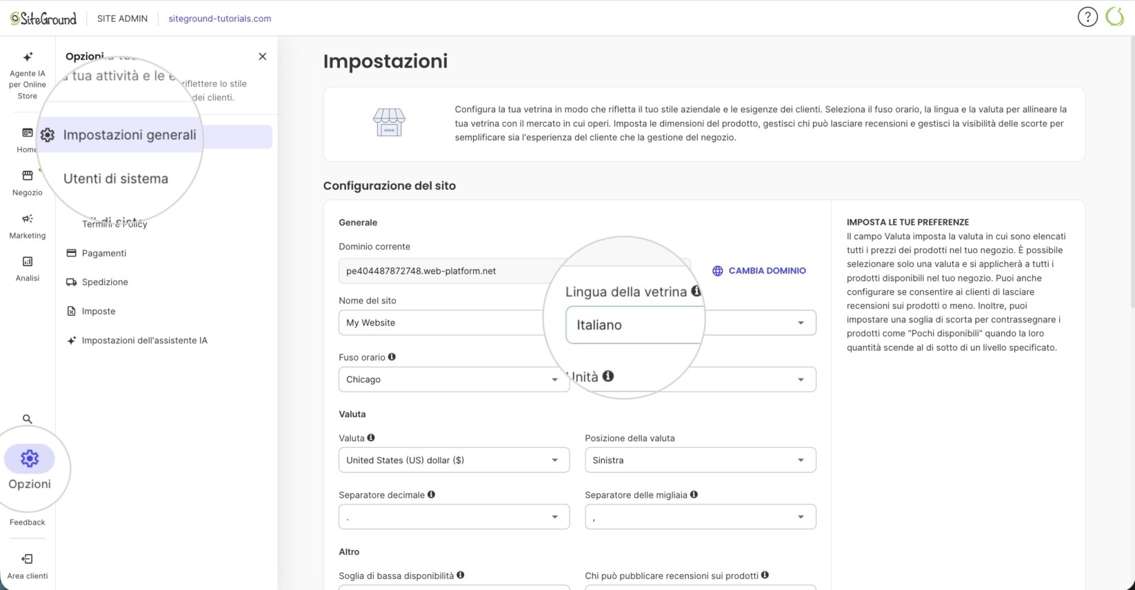 Menu impostazioni lingua in SiteGround Ecommerce 