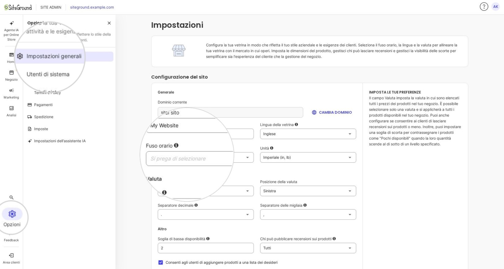 Menu di impostazione del fuso orario in SiteGround Ecommerce