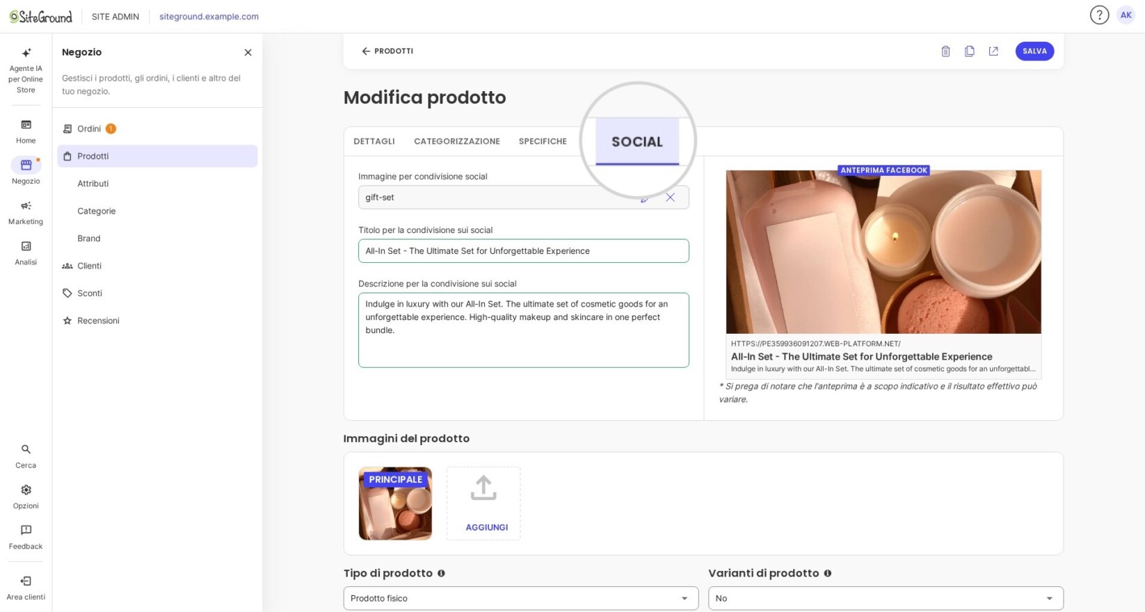 Impostazioni di condivisione social di un prodotto in SiteGround Ecommerce