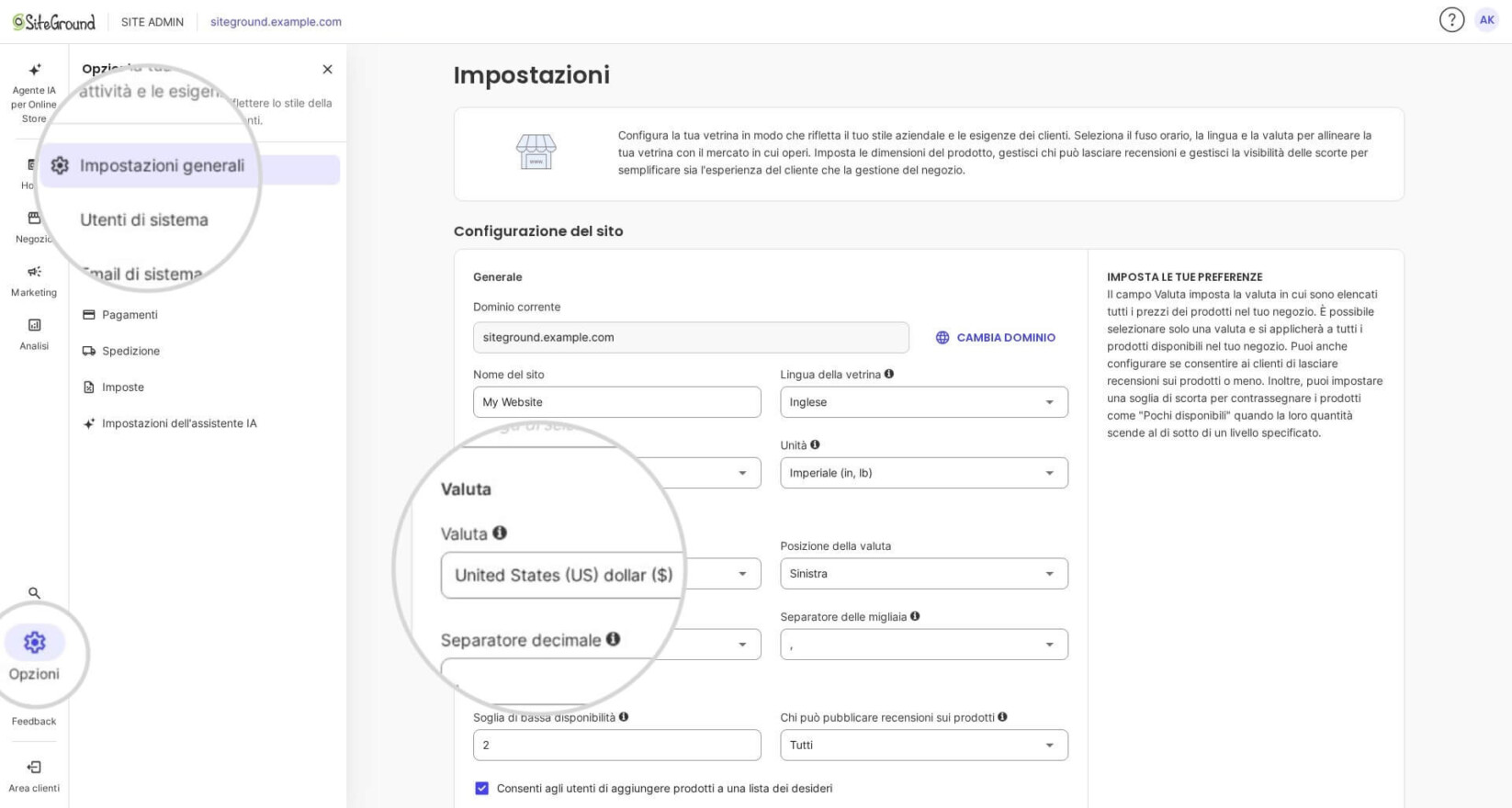 Menu impostazioni della valuta in SiteGround Ecommerce 