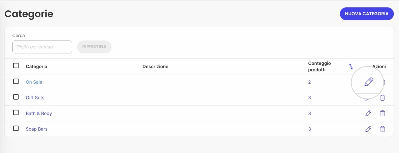 Modifica di una categoria per eliminarla da SiteGround Ecommerce