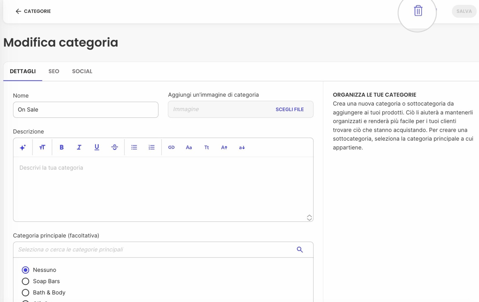 Pulsante di eliminazione in un editor di categoria