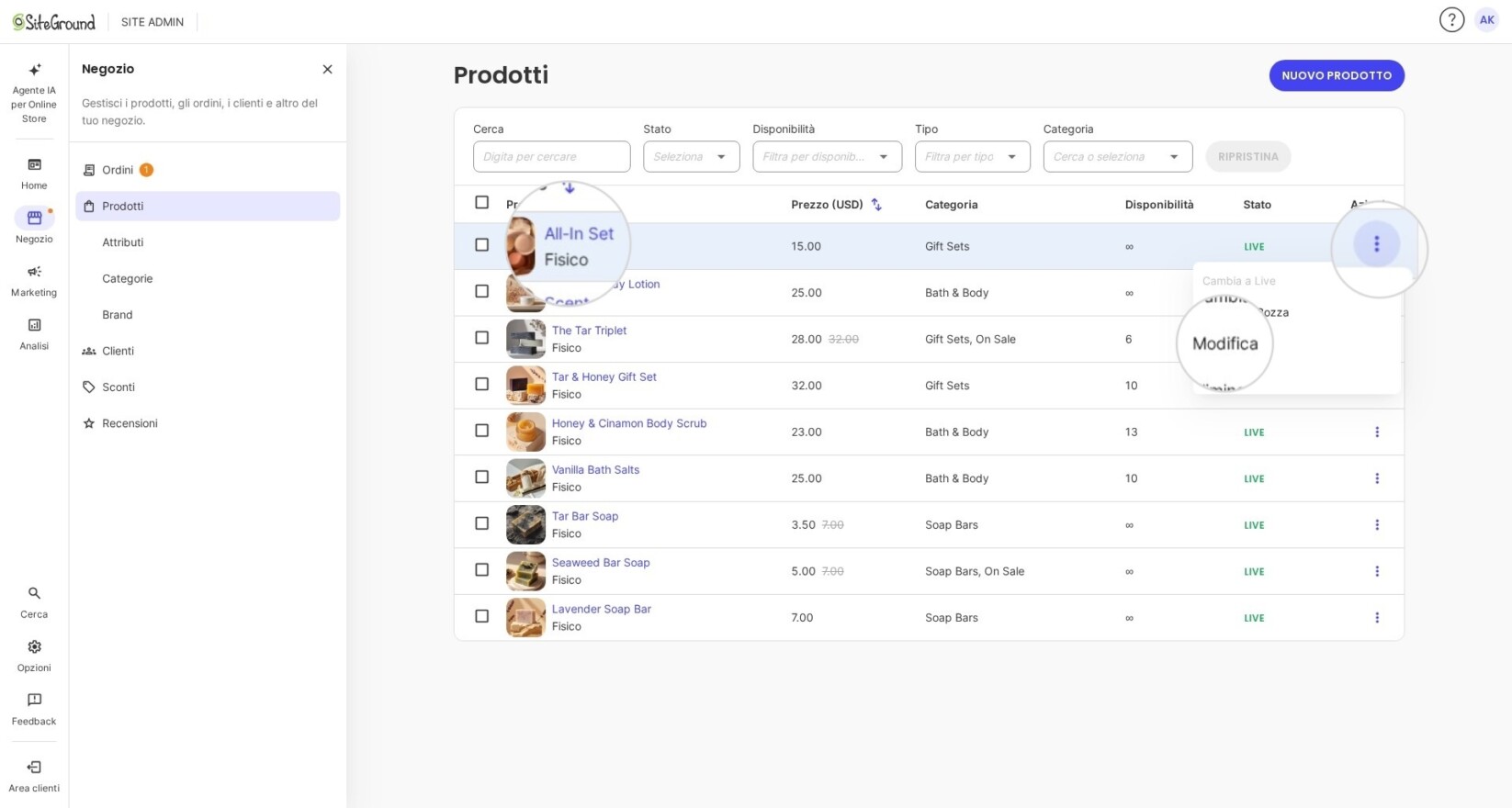 Nella pagina Prodotti, seleziona il prodotto e clicca sul menu a tre puntini accanto ad esso. Poi premi Modifica.