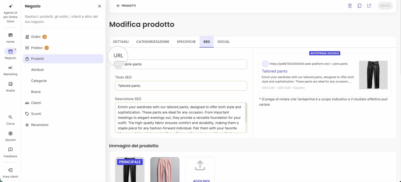 Vai alla scheda SEO e modifica il campo URL
