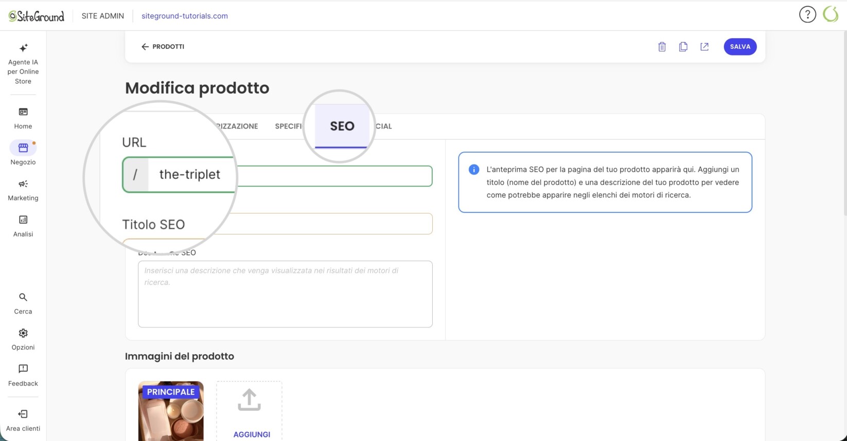Scheda SEO della gestione negozio che mostra il campo per modificare l'URL di un prodotto
