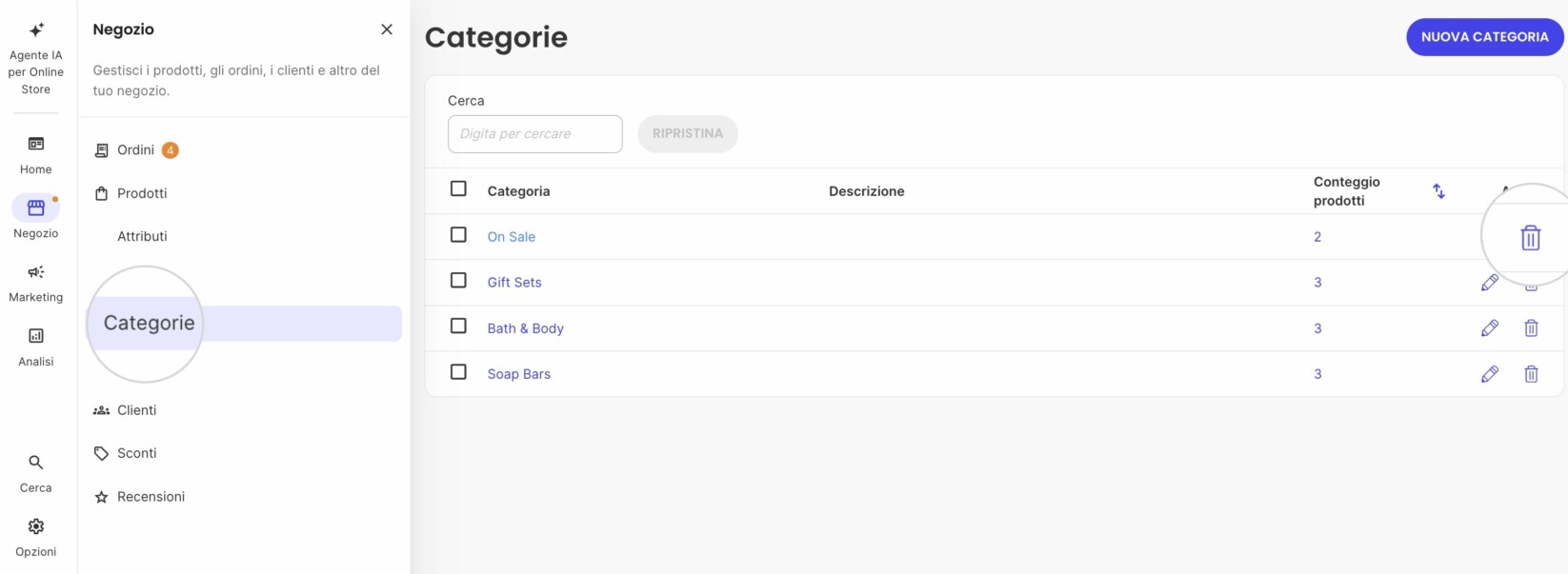 Pulsante per eliminare una categoria in SiteGround Ecommerce