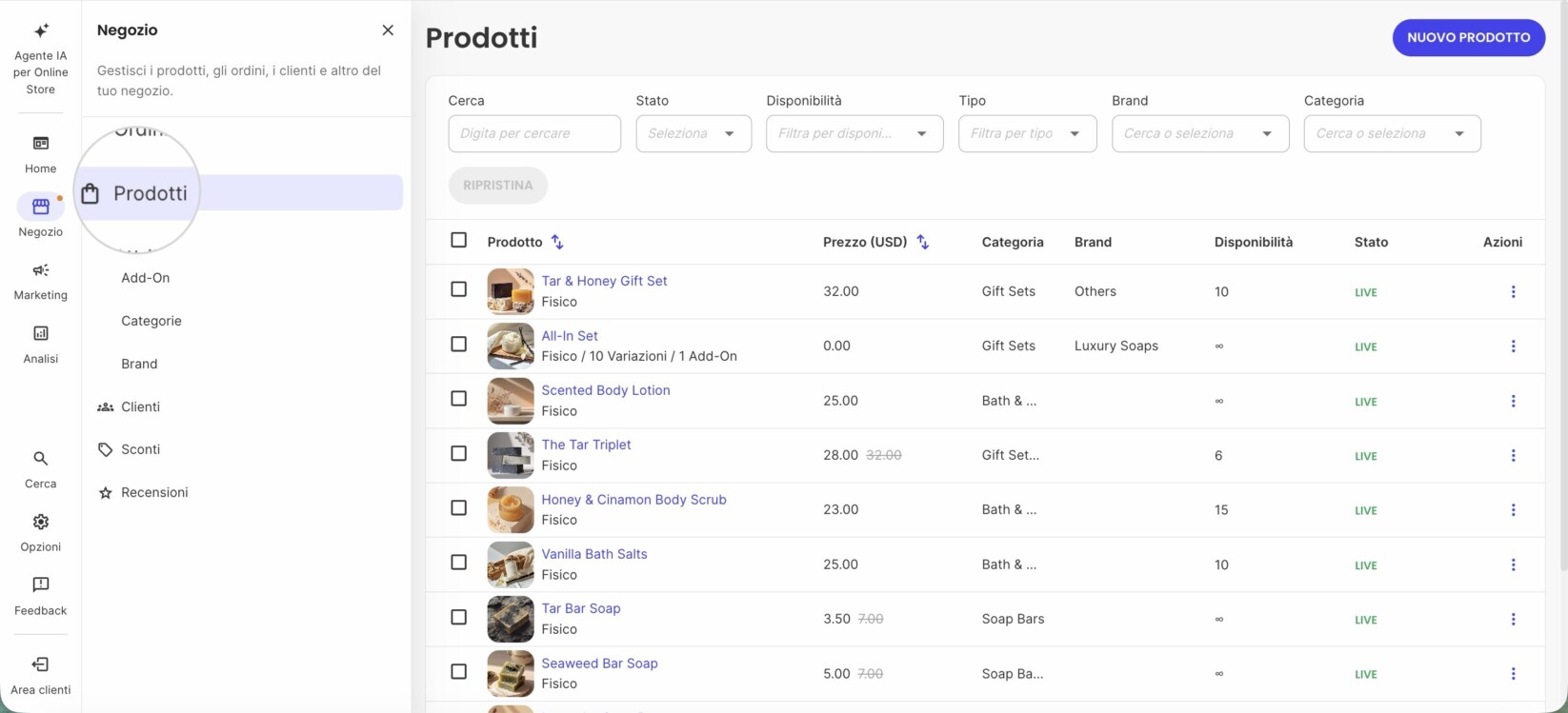 Sezione Prodotti in SiteGround Ecommerce