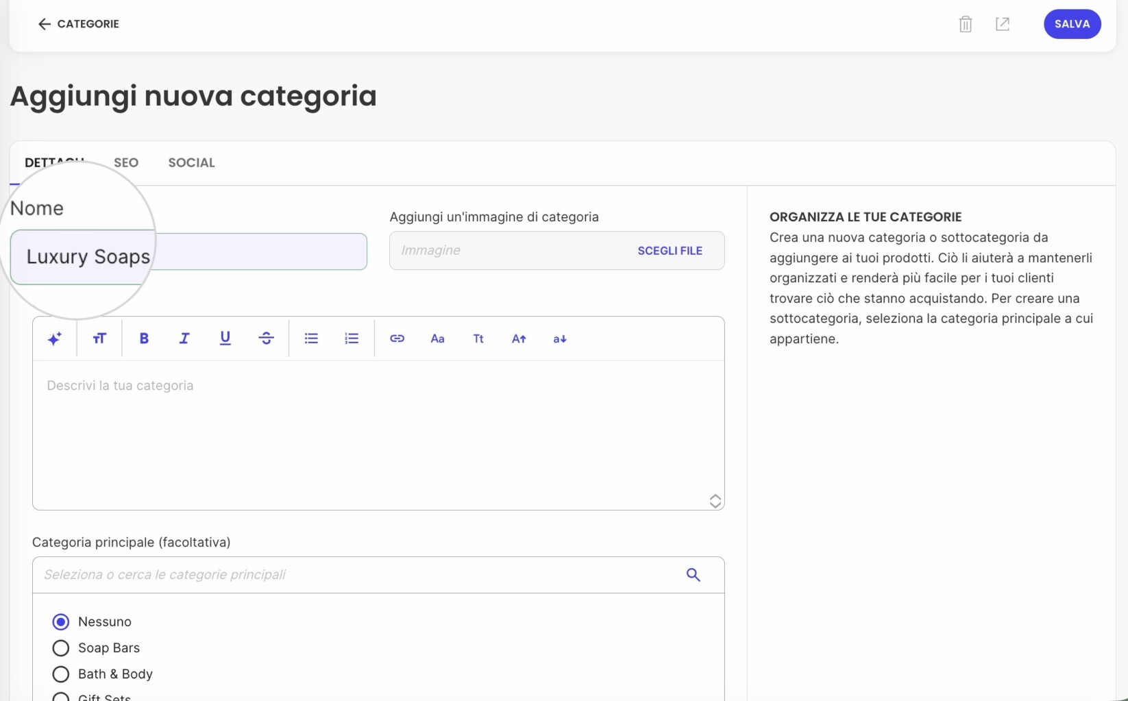 Campo Nome Categoria nell'editor di categoria in SiteGround Ecommerce