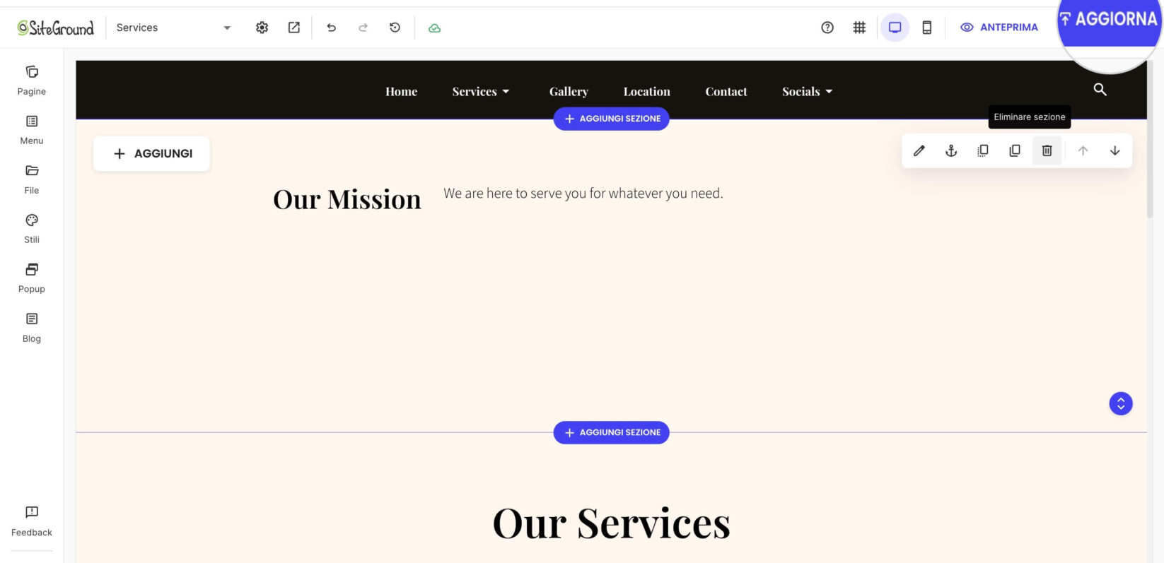 La pagina Servizi aggiornata con una nuova sezione I nostri servizi e una tagline descrittiva.