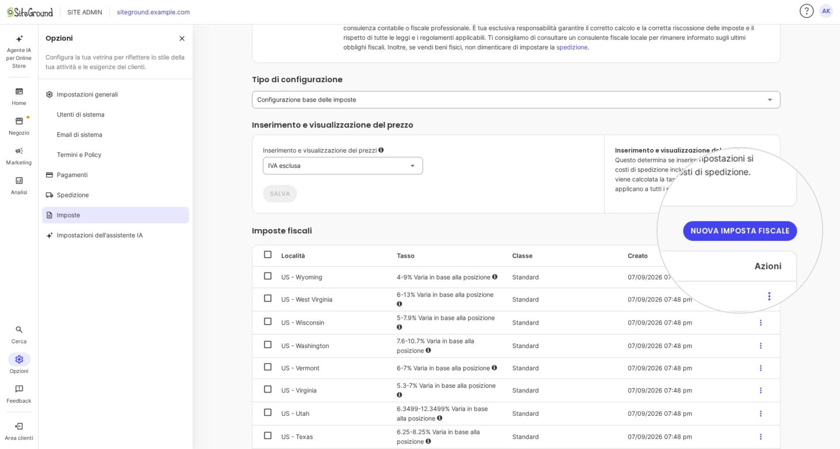Pagina di impostazioni delle tasse in SiteGround Ecommerce con 'Configurazione fiscale di base' selezionata. L'opzione 'Inserimento e visualizzazione dei prezzi' è impostata su 'Esclusa' e il pulsante Salva è disattivato. Un evidenziatore indica il pulsante viola 'Nuova registrazione' nella sezione Registrazioni.