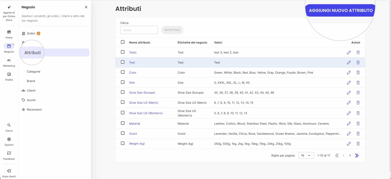 Pulsante Aggiungi Nuovo attributo nella sezione Attributi in SiteGround Ecommerce