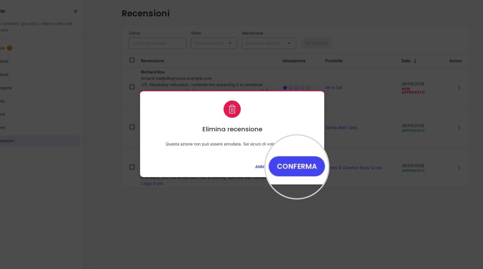 Finestra pop-up di conferma per l'eliminazione di una recensione di prodotto