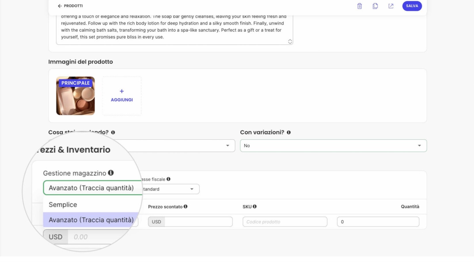 Scegli come gestire la disponibilità del prodotto dal menu a tendina Gestione magazzino
