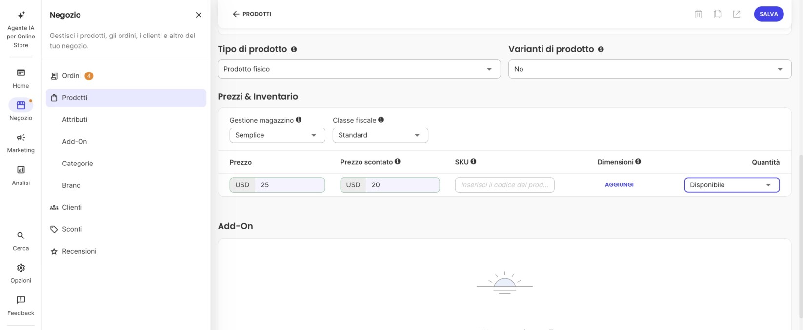 Impostazioni di prezzo e inventario per un nuovo prodotto