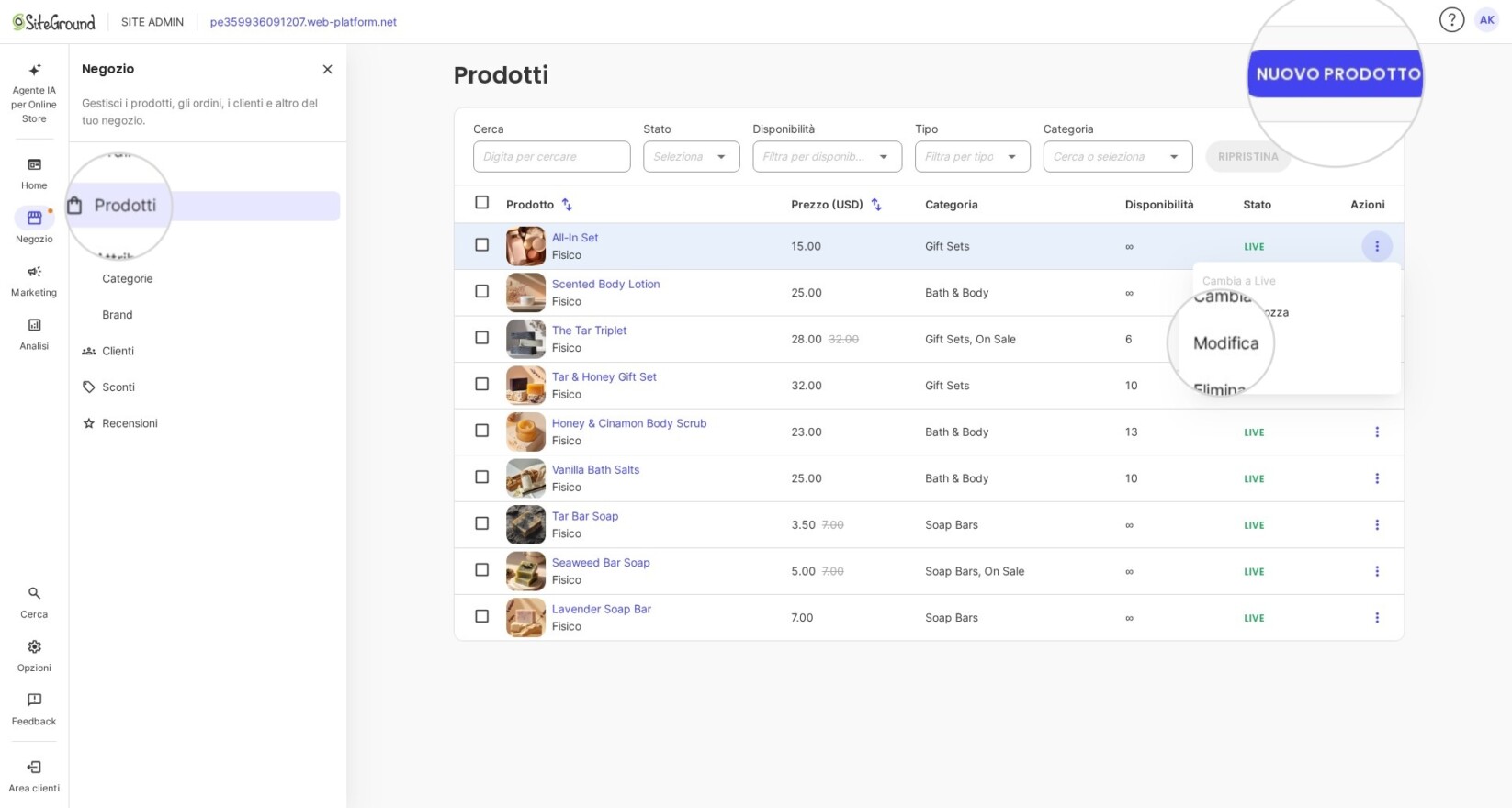 Modifica o creazione di un nuovo prodotto in SiteGround Ecommerce