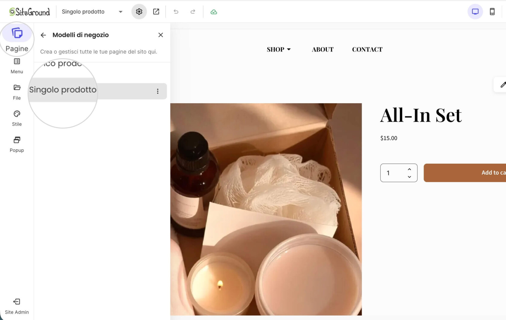 Scheda Pagine in Website Builder con la pagina Prodotto Singolo selezionata
