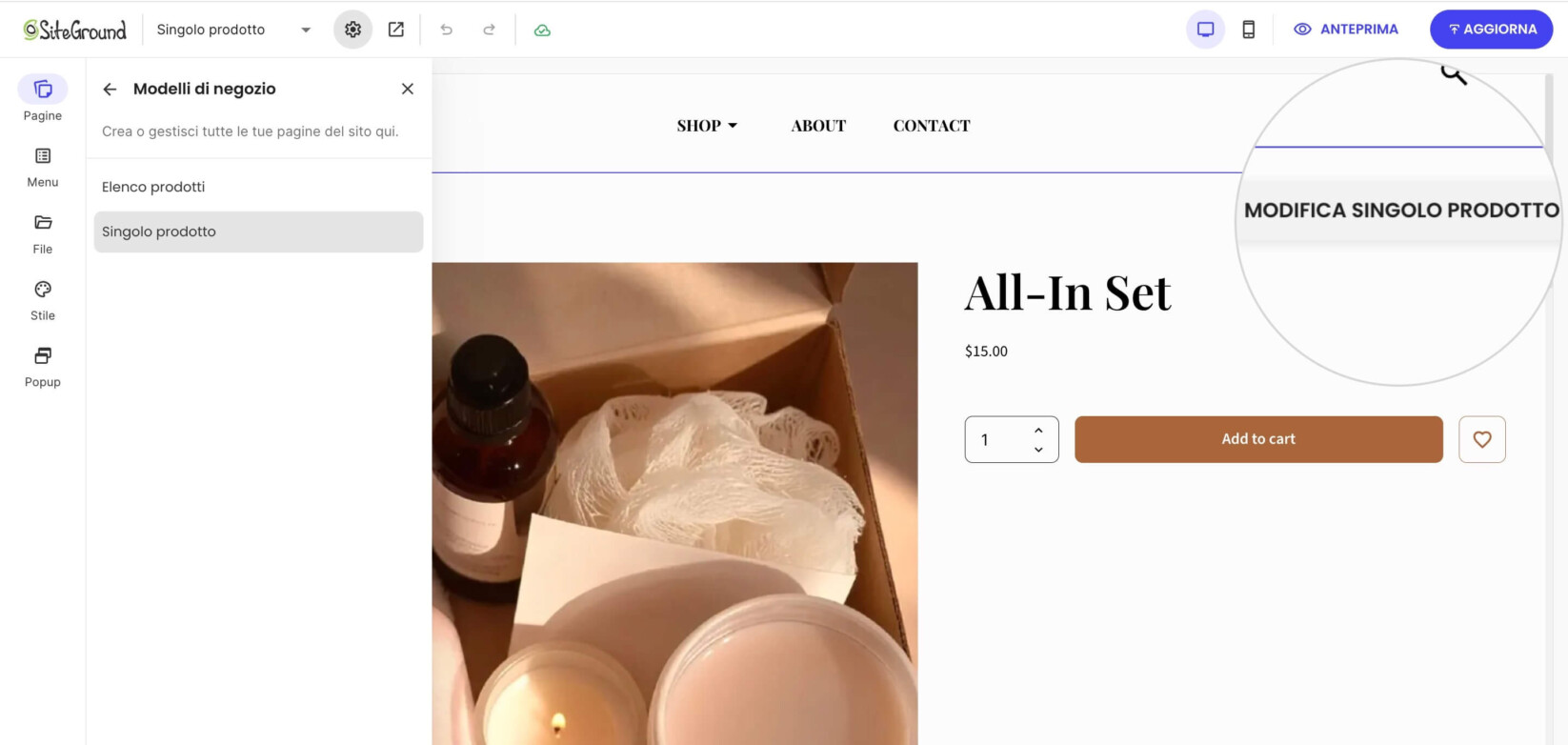 Pulsante Modifica Prodotto Singolo in Website Builder per personalizzare le pagine del prodotto singolo