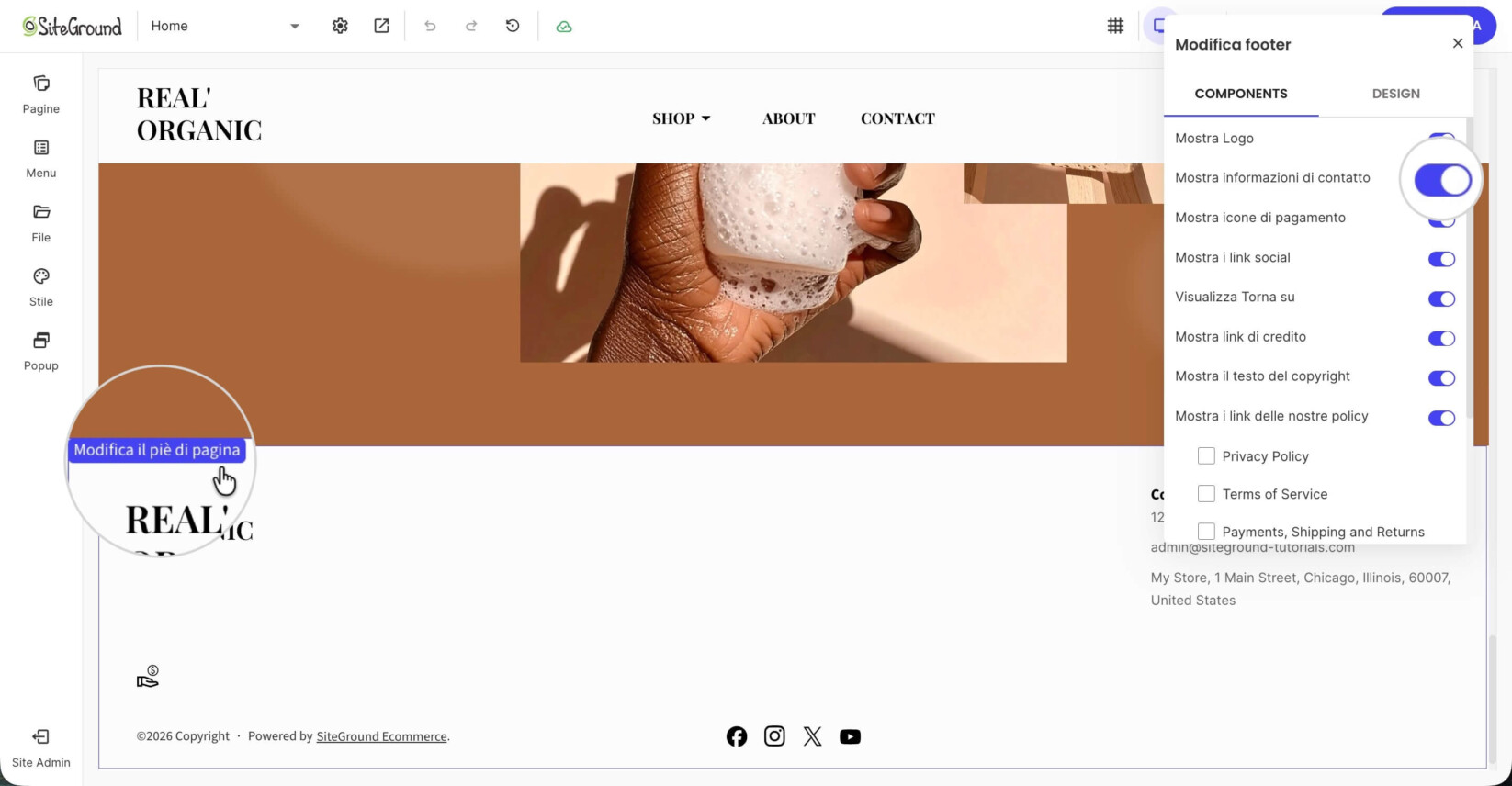 Pulsante di attivazione Mostra informazioni di contatto nella finestra delle impostazioni del Piè di pagina in Website Builder
