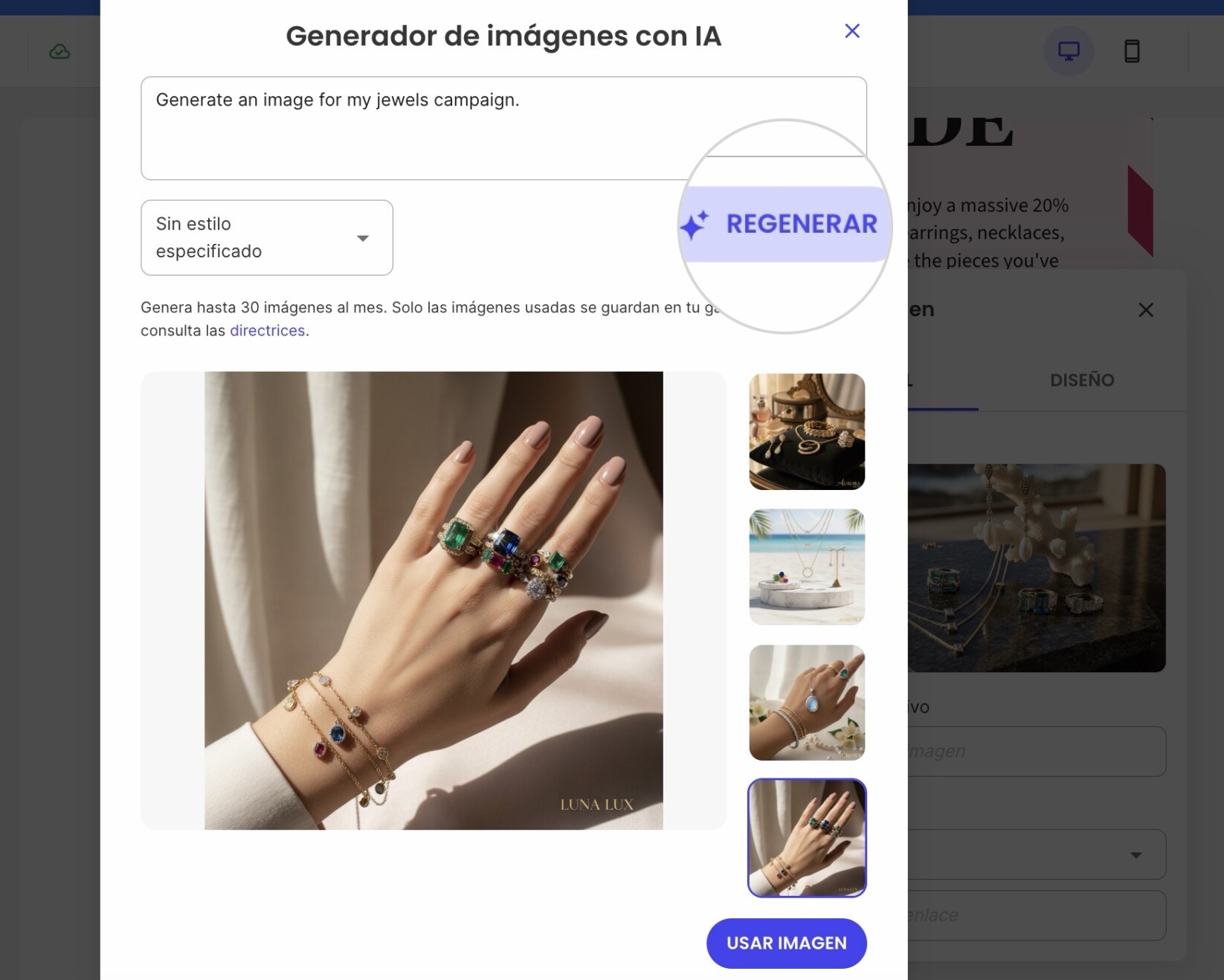 Schermata dell’opzione di rigenerazione immagine nel Generatore di Immagini AI di SiteGround, con un’immagine selezionata e pulsante “Rigenera”.