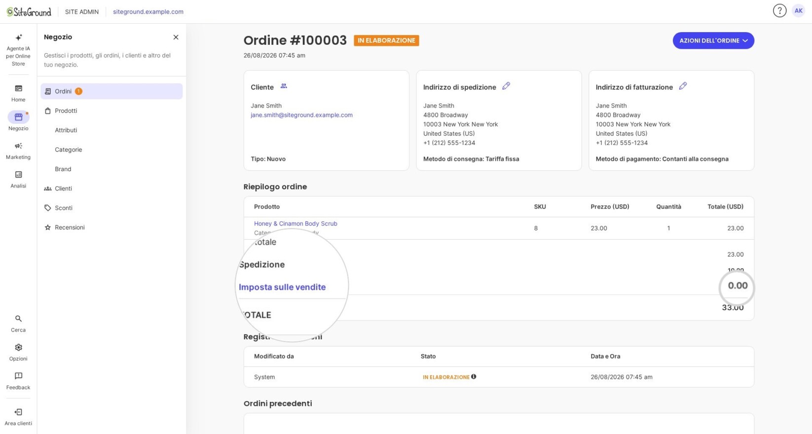 Schermata della pagina dei dettagli di un ordine nell’Ecommerce di SiteGround. Mostra un esempio dei dati personali, di fatturazione e di spedizione di un cliente. Il riepilogo dell’ordine mostra i prodotti ordinati, il prezzo, le spese di spedizione, le tasse e il totale.