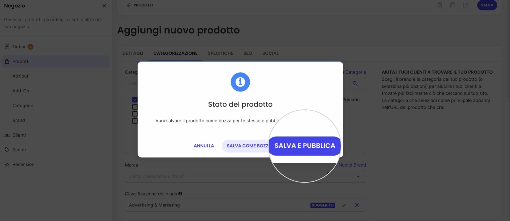 Finestra pop-up per selezionare la pubblicazione di un nuovo prodotto