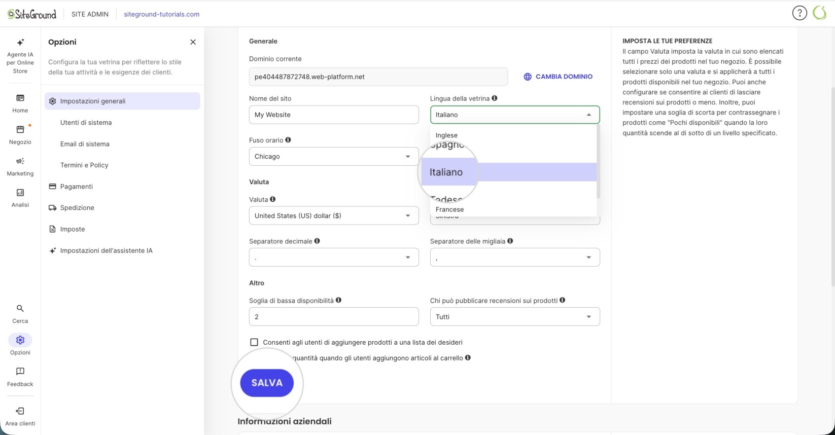 Elenco a discesa per selezionare la lingua del negozio in SiteGround Ecommerce