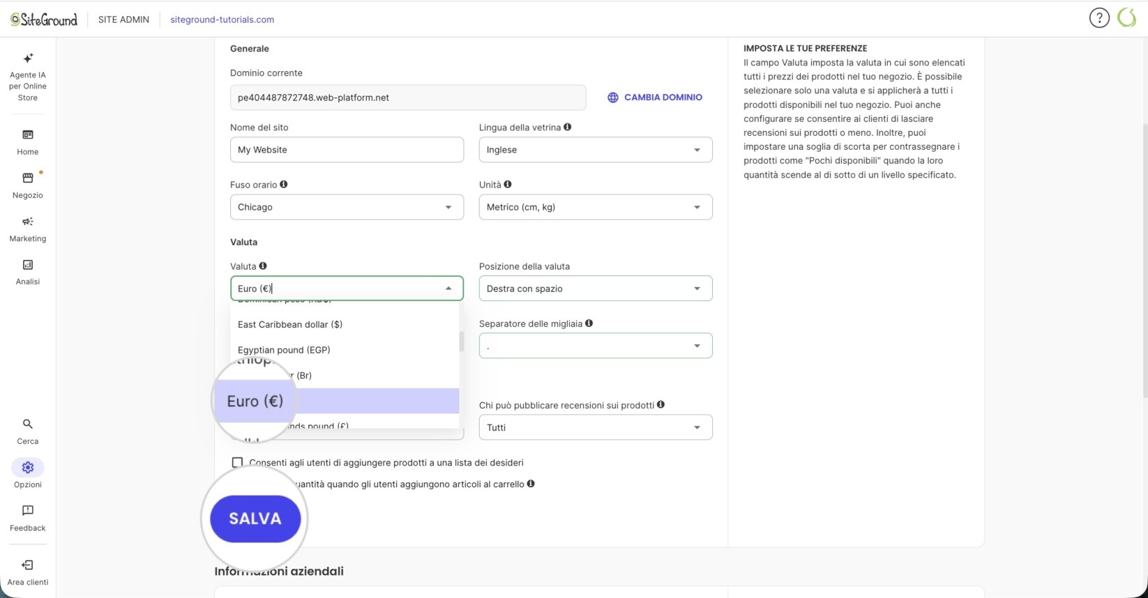 Elenco a discesa per selezionare la valuta in SiteGround Ecommerce