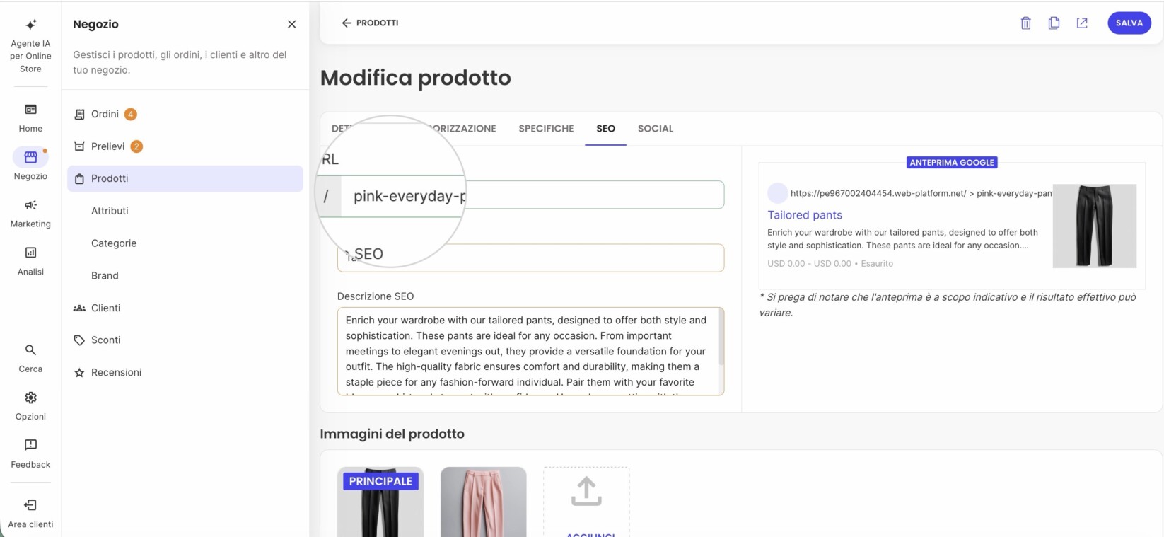 Salvataggio di uno slug URL del prodotto in SiteGround Ecommerce