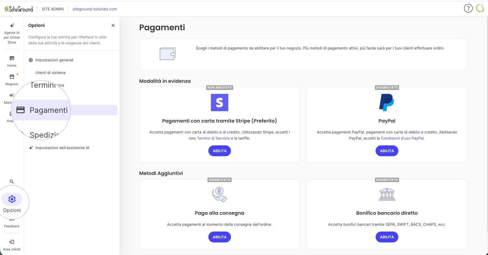 Sezione Pagamenti in SiteGround Ecommerce