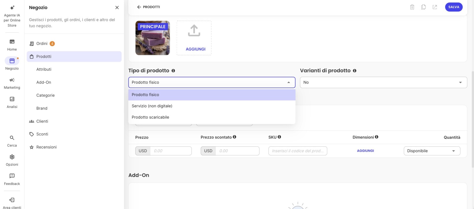 Menu per la selezione del tipo di prodotto