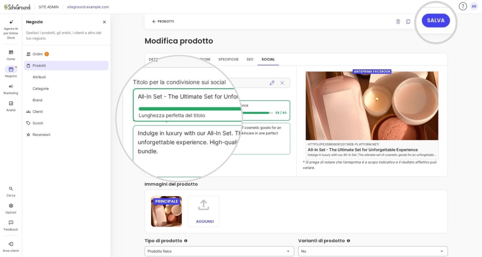 Campo di modifica del titolo di condivisione social di un prodotto
