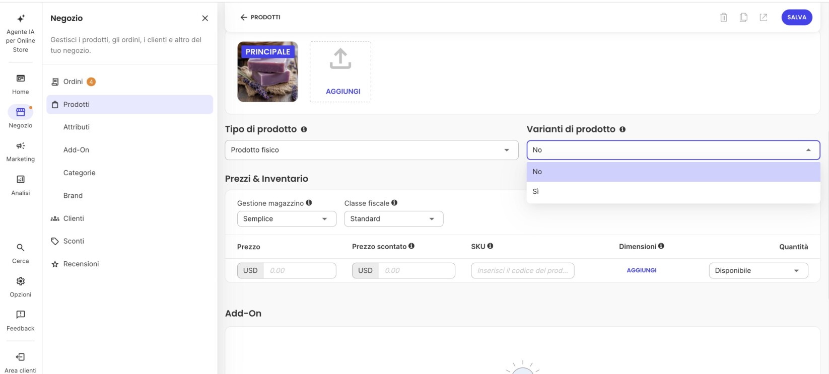 Menu per selezionare se un prodotto ha o meno delle varianti