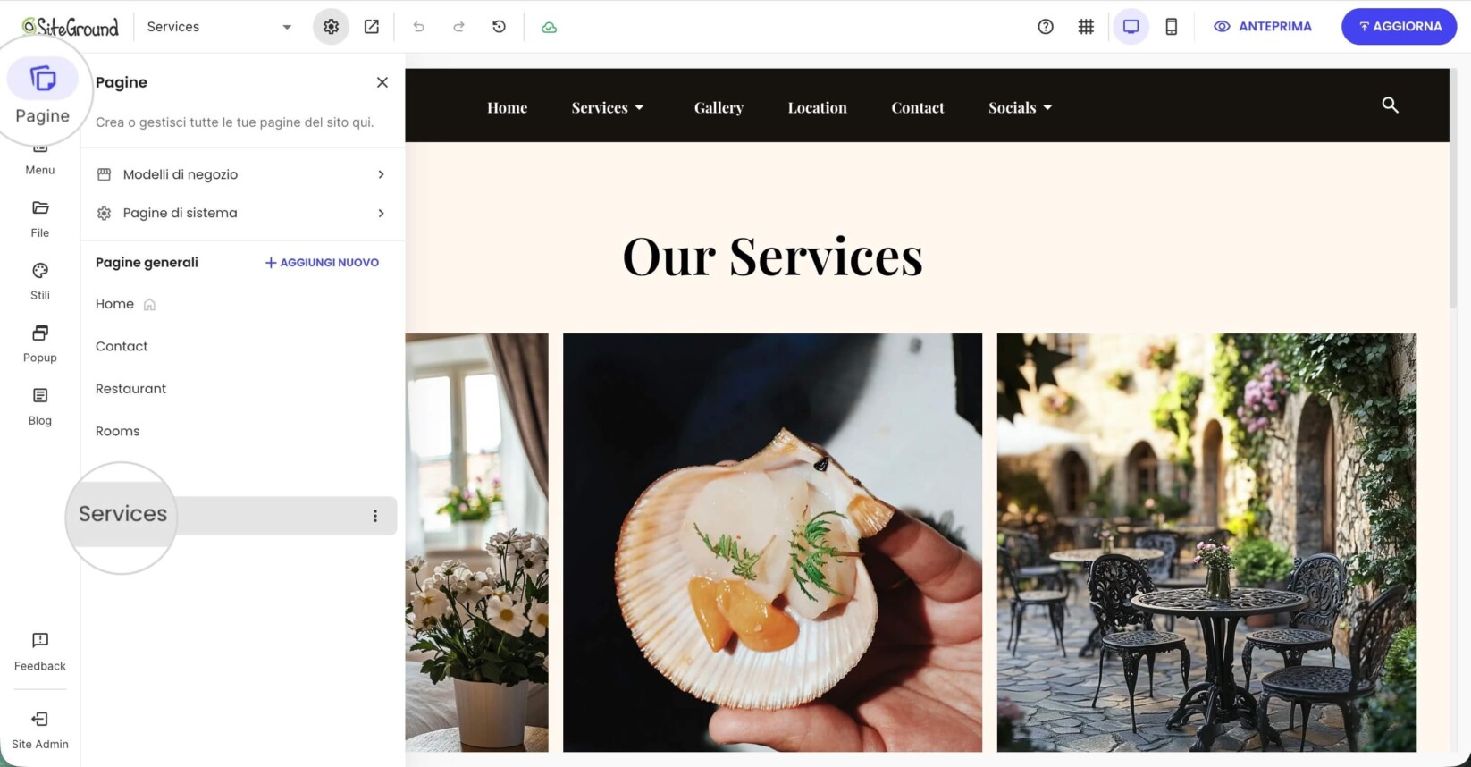 Il pannello di gestione delle Pagine nel Website Builder con la pagina Servizi selezionata.