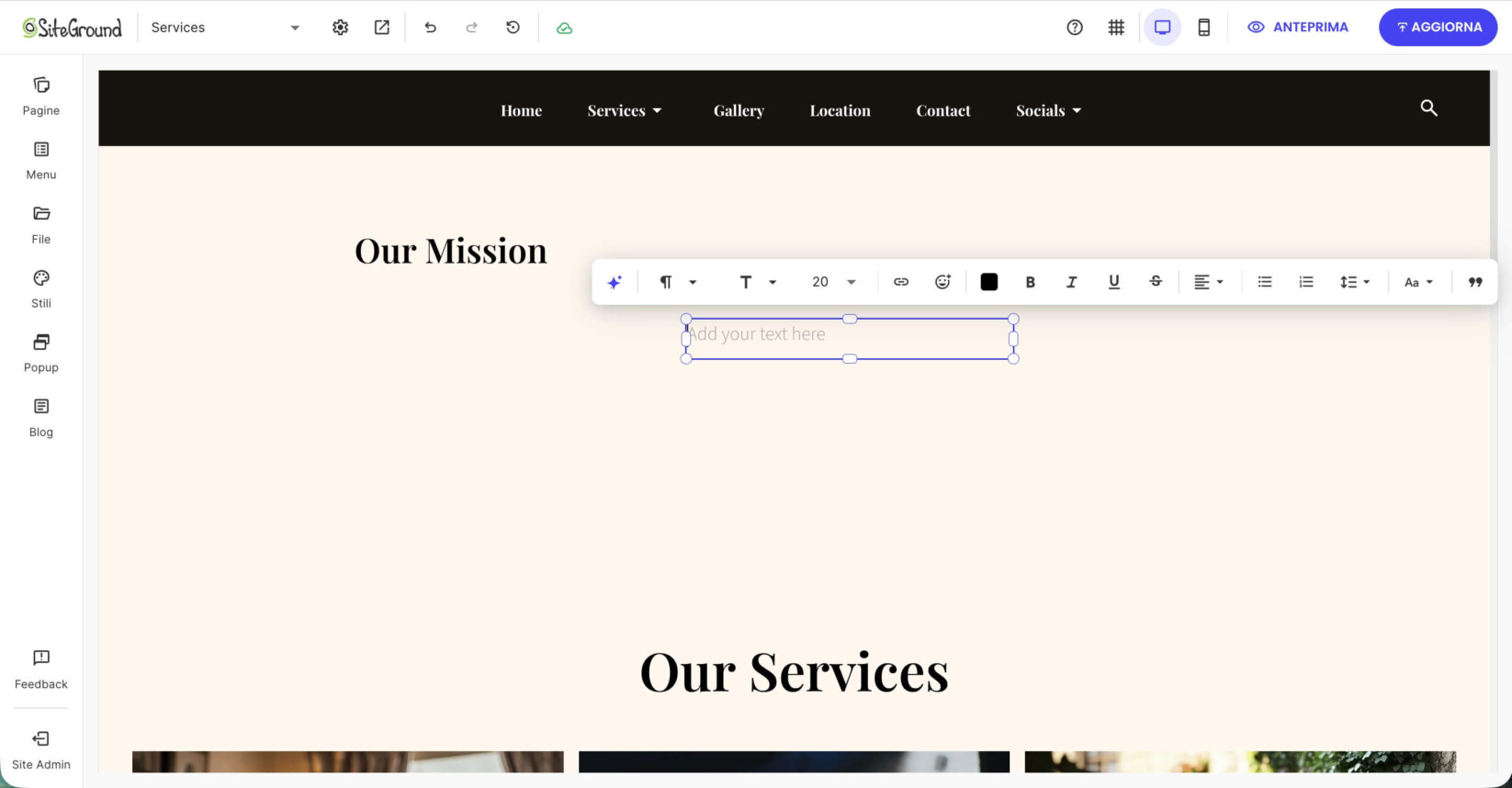 Barra degli strumenti di modifica del testo nel Website Builder utilizzata per personalizzare il font e l'allineamento.