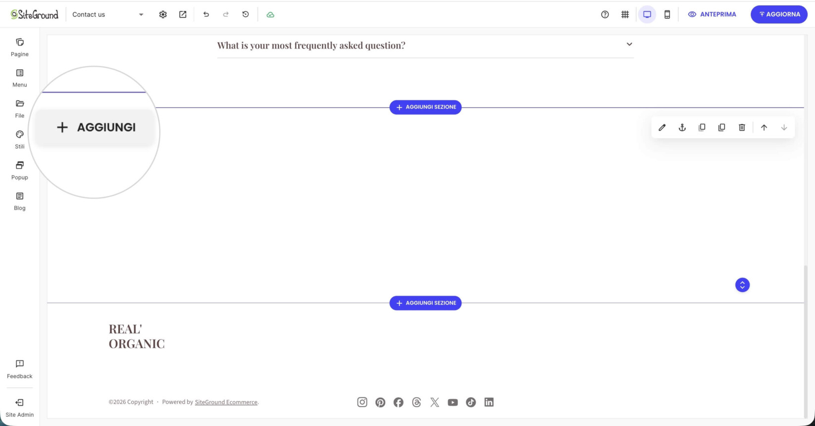Una pagina di Website Builder con una sezione selezionata che mostra il pulsante Aggiungi per inserire un componente