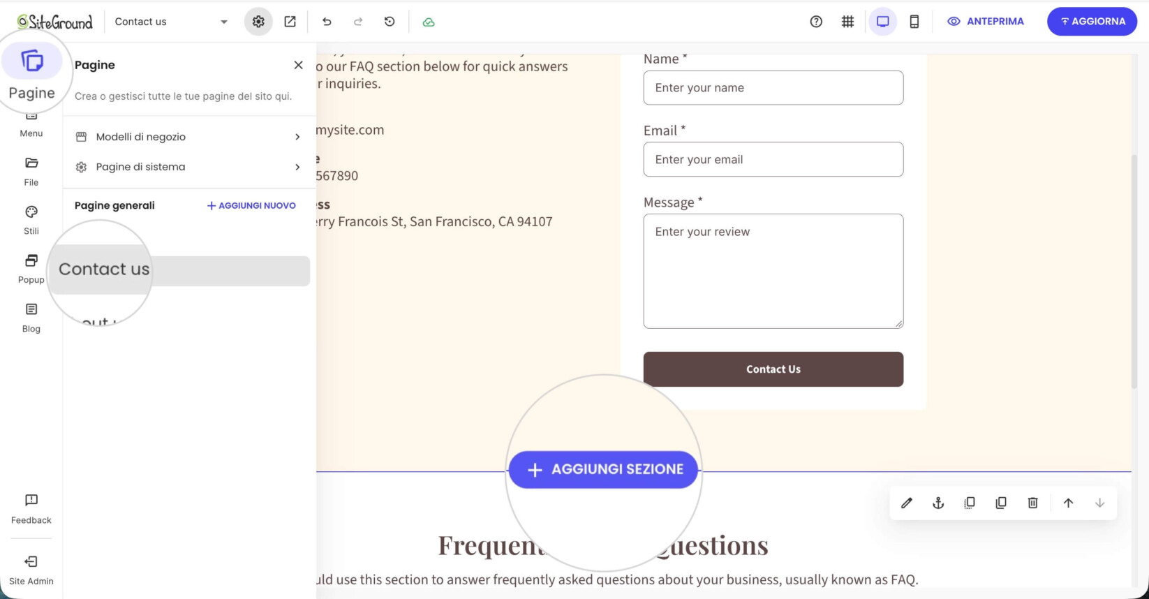 Sezione Pagine in Website Builder con una pagina selezionata che mostra il pulsante Aggiungi sezione