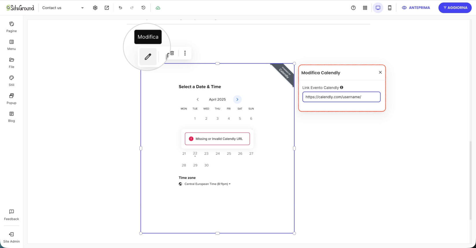 Componente Calendly selezionato che mostra la finestra delle impostazioni per aggiungere un link Calendly