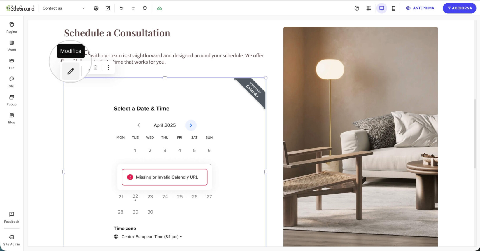 Una pagina in Website Builder con un componente Calendly selezionato che mostra le opzioni di modifica
