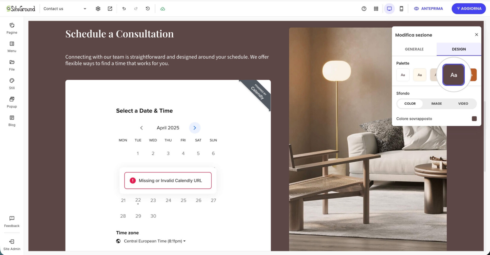 Sezione Calendly in Website Builder che mostra le sue opzioni di modifica
