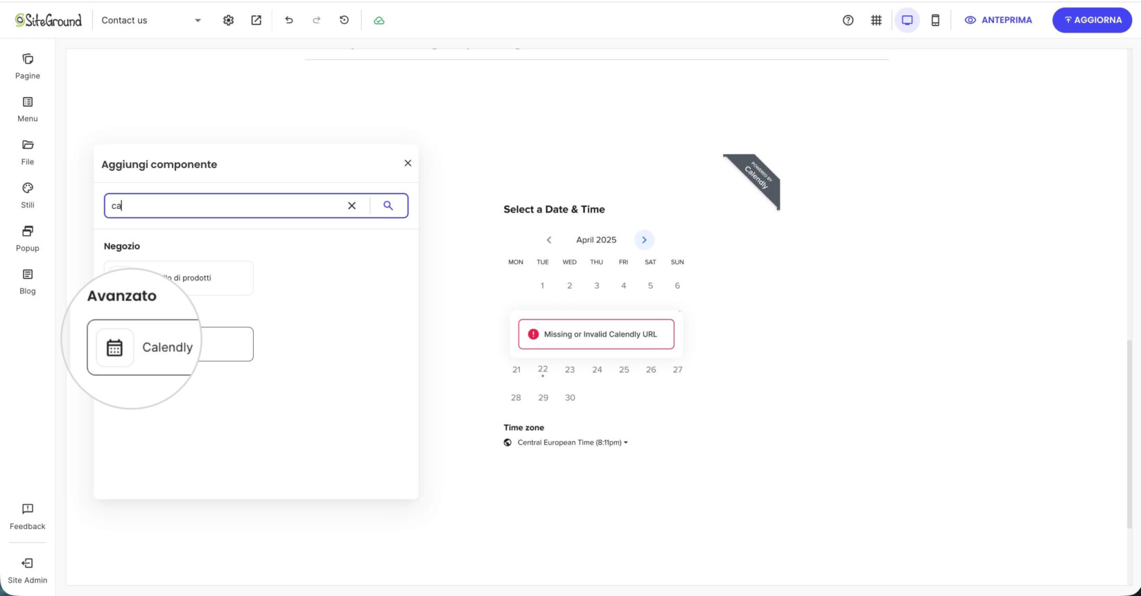 Menu Aggiungi componente con un componente Calendly selezionato