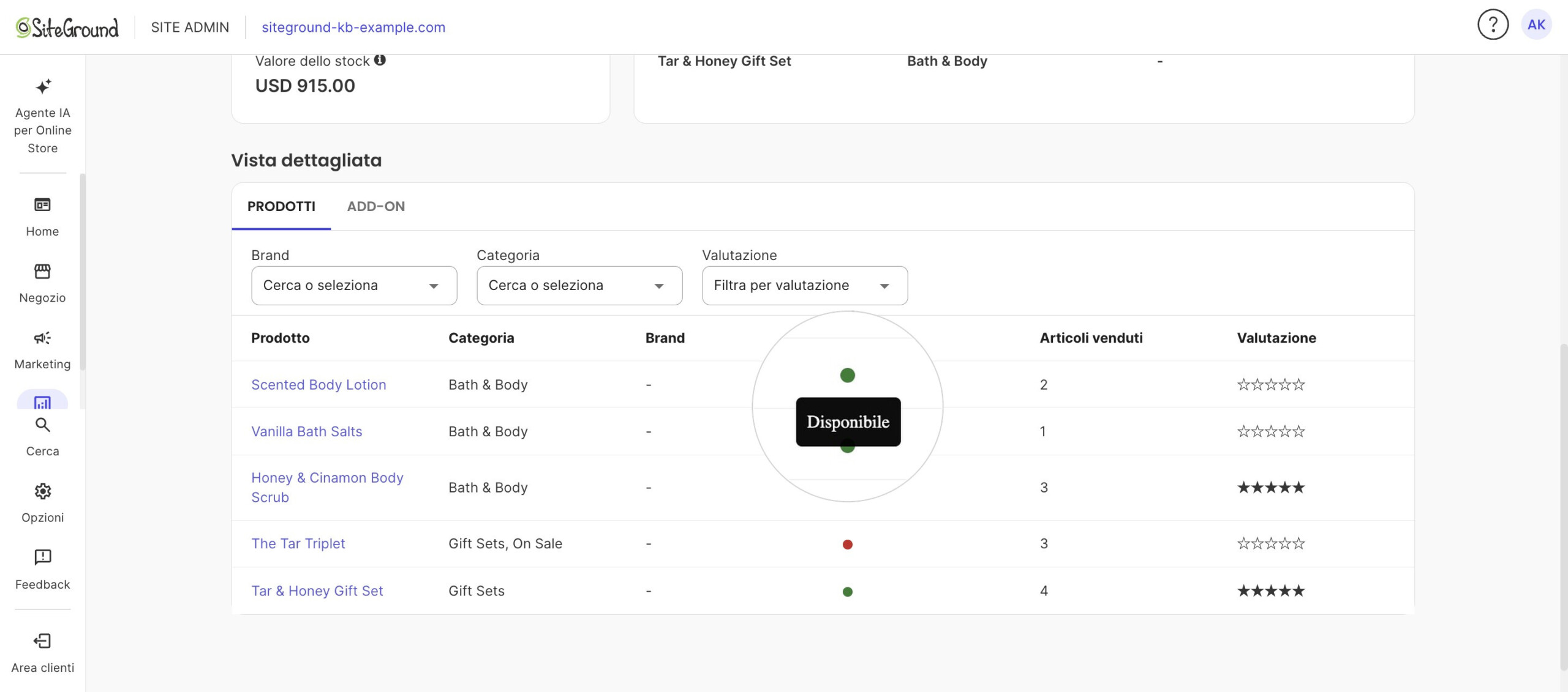 La tabella Vista dettagliata con un punto Quantità per prodotto e un tooltip Disponibile.
