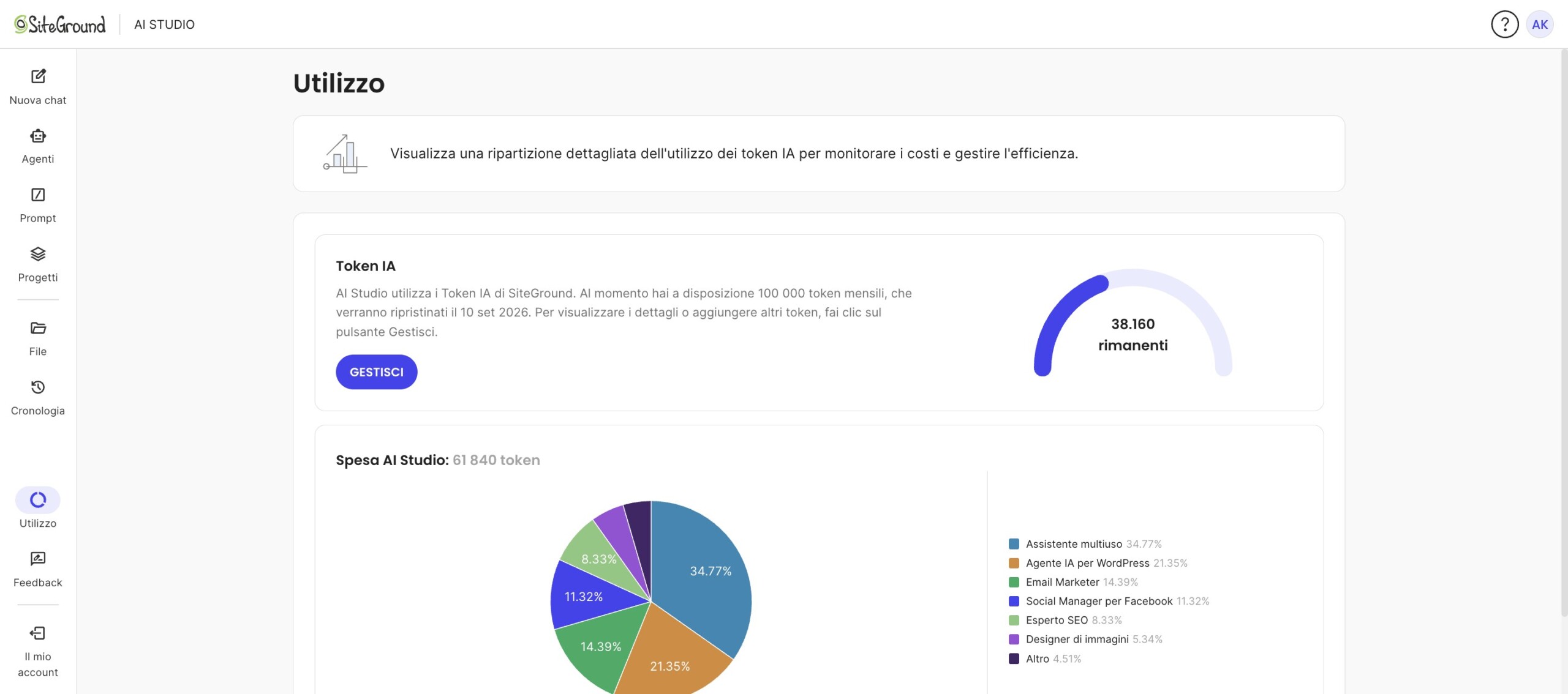 La pagina Utilizzo di AI Studio: la scheda Token IA indica 38.160 token rimanenti accanto al pulsante Gestisci, sopra il grafico a torta Spesa AI Studio.