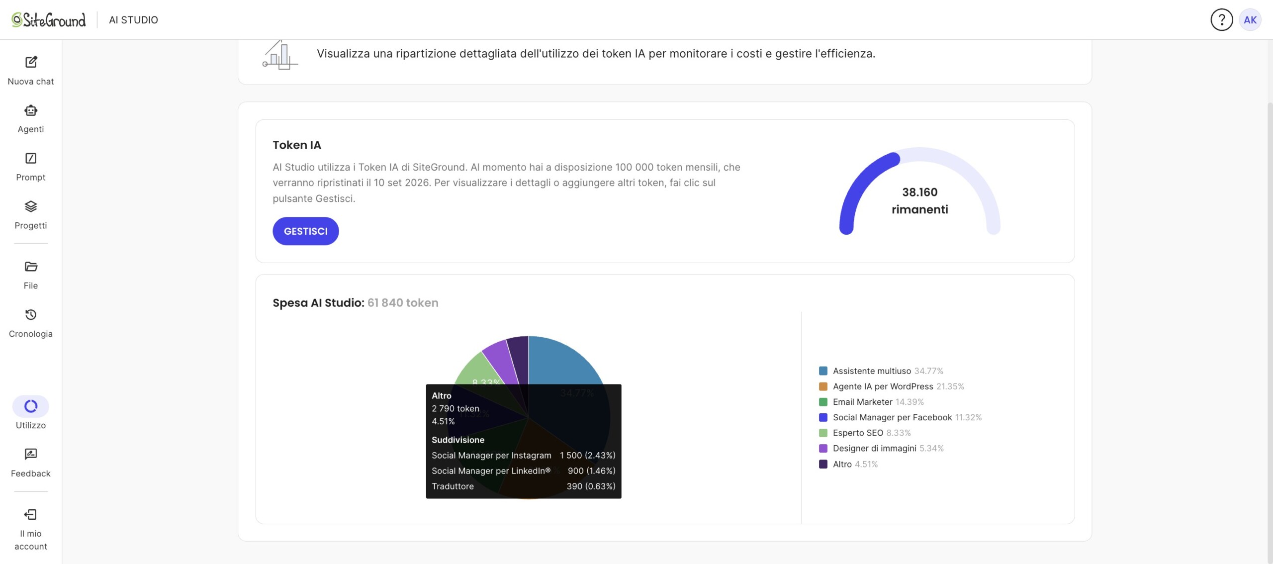 Il grafico a torta Spesa AI Studio relativo a 61 840 token, con la fetta Altro evidenziata e il tooltip che suddivide il 4.51% in Social Manager per Instagram, Social Manager per LinkedIn e Traduttore.