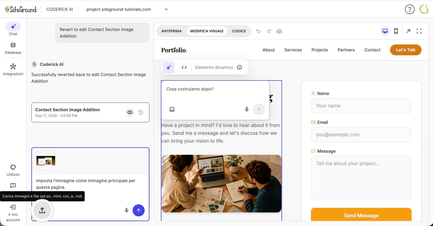 Interfaccia chat di Coderick AI con il pulsante Carica immagini e file evidenziato