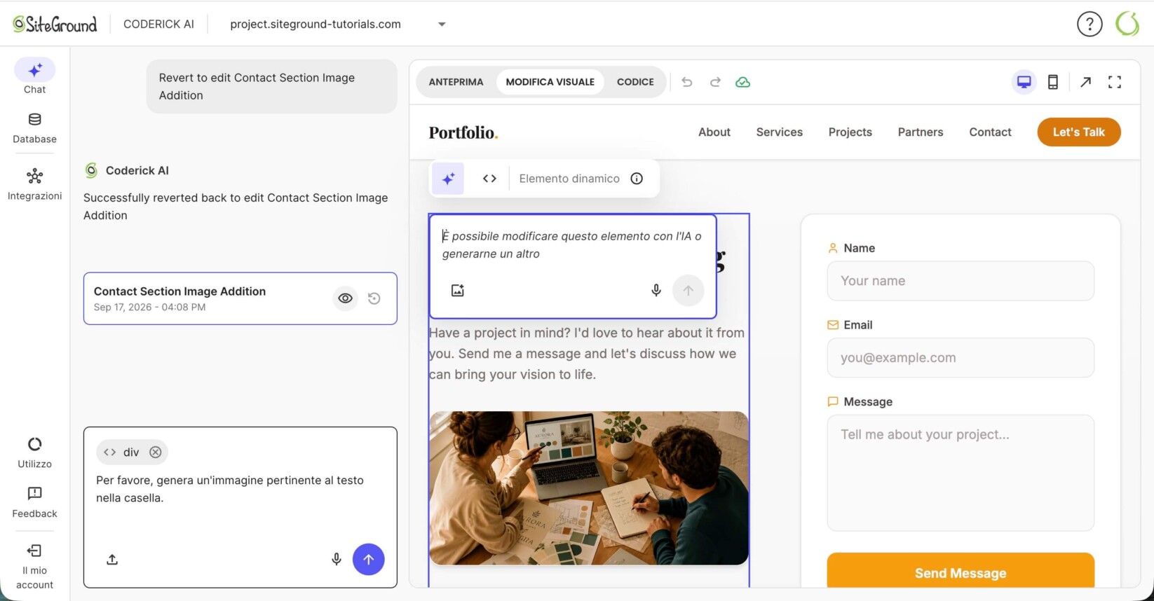 Interfaccia chat di Coderick AI che mostra un prompt per la generazione di una nuova immagine