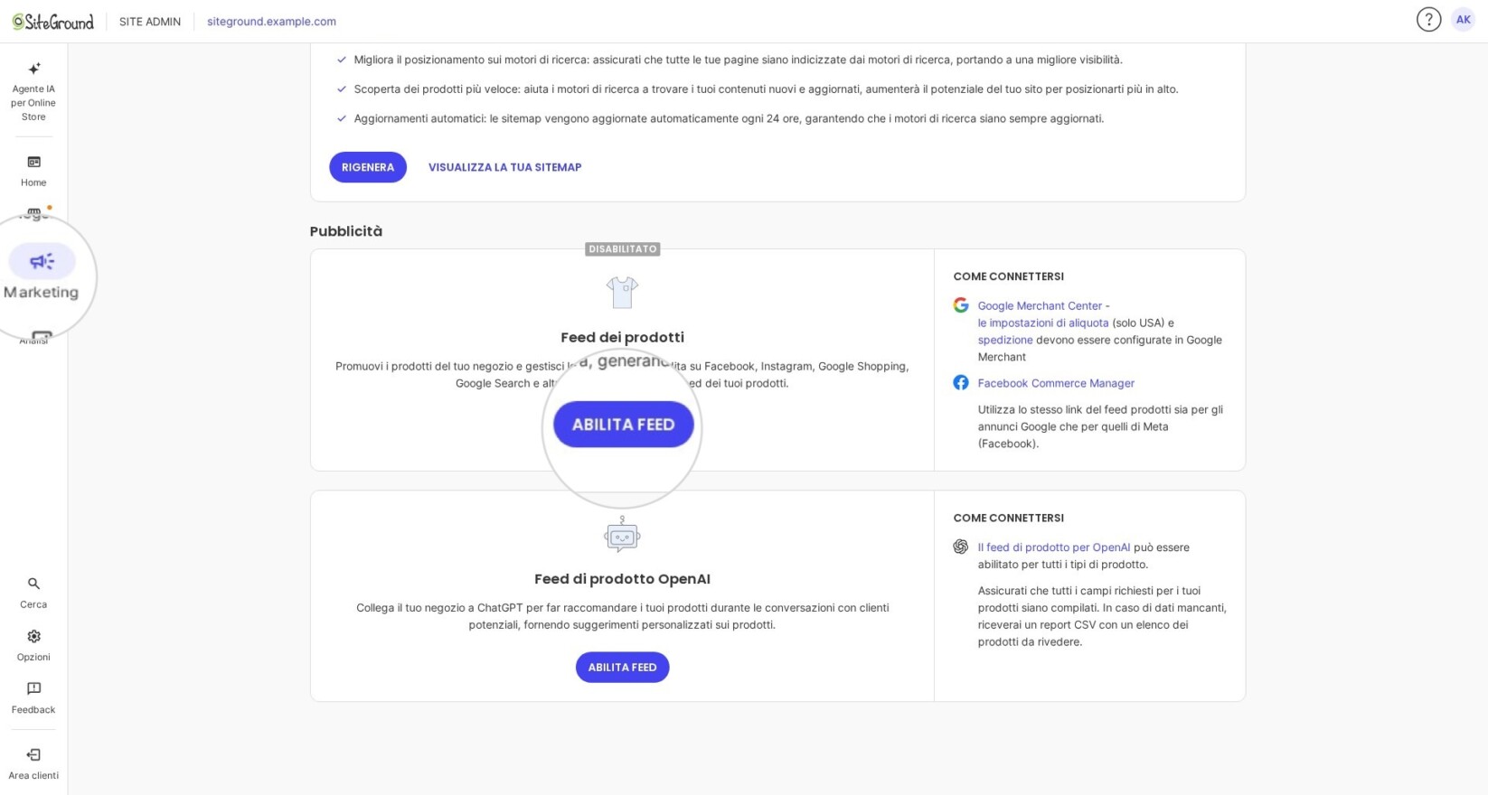 Sezione Marketing in Site Admin di SiteGround Ecommerce che mostra il pulsante Abilita Feed per generare un file product feed