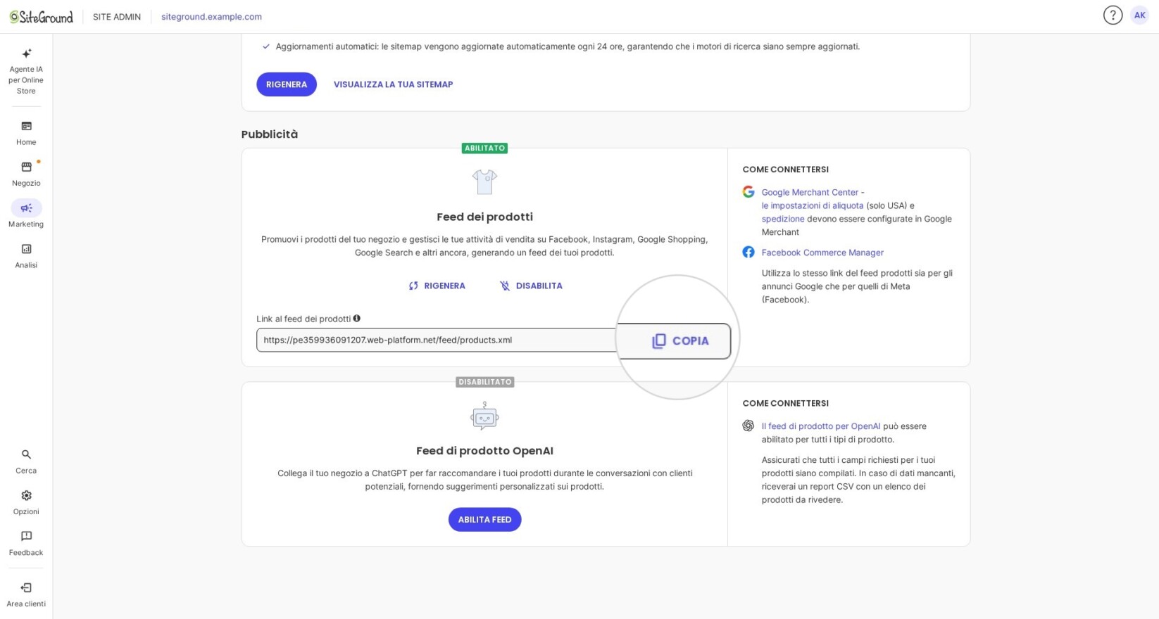 Sezione Marketing in Site Admin per SiteGround Ecommerce che mostra l'URL del product feed che puoi copiare e condividere con le piattaforme pubblicitarie
