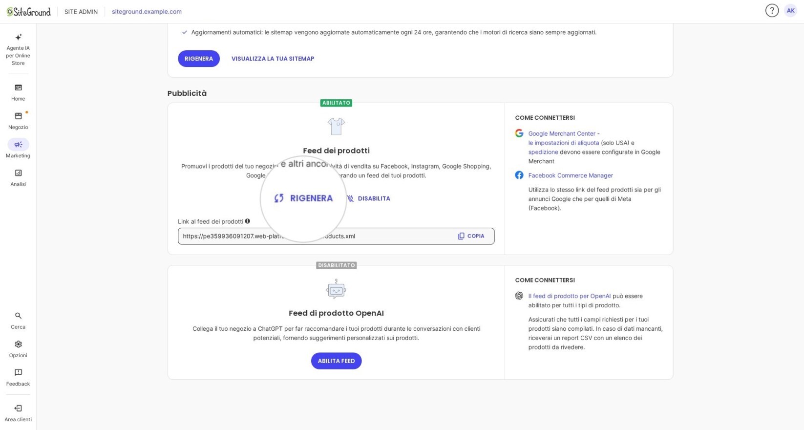Sezione Marketing in Site Admin per SiteGround Ecommerce che mostra il pulsante Rigenera per aggiornare il file product feed