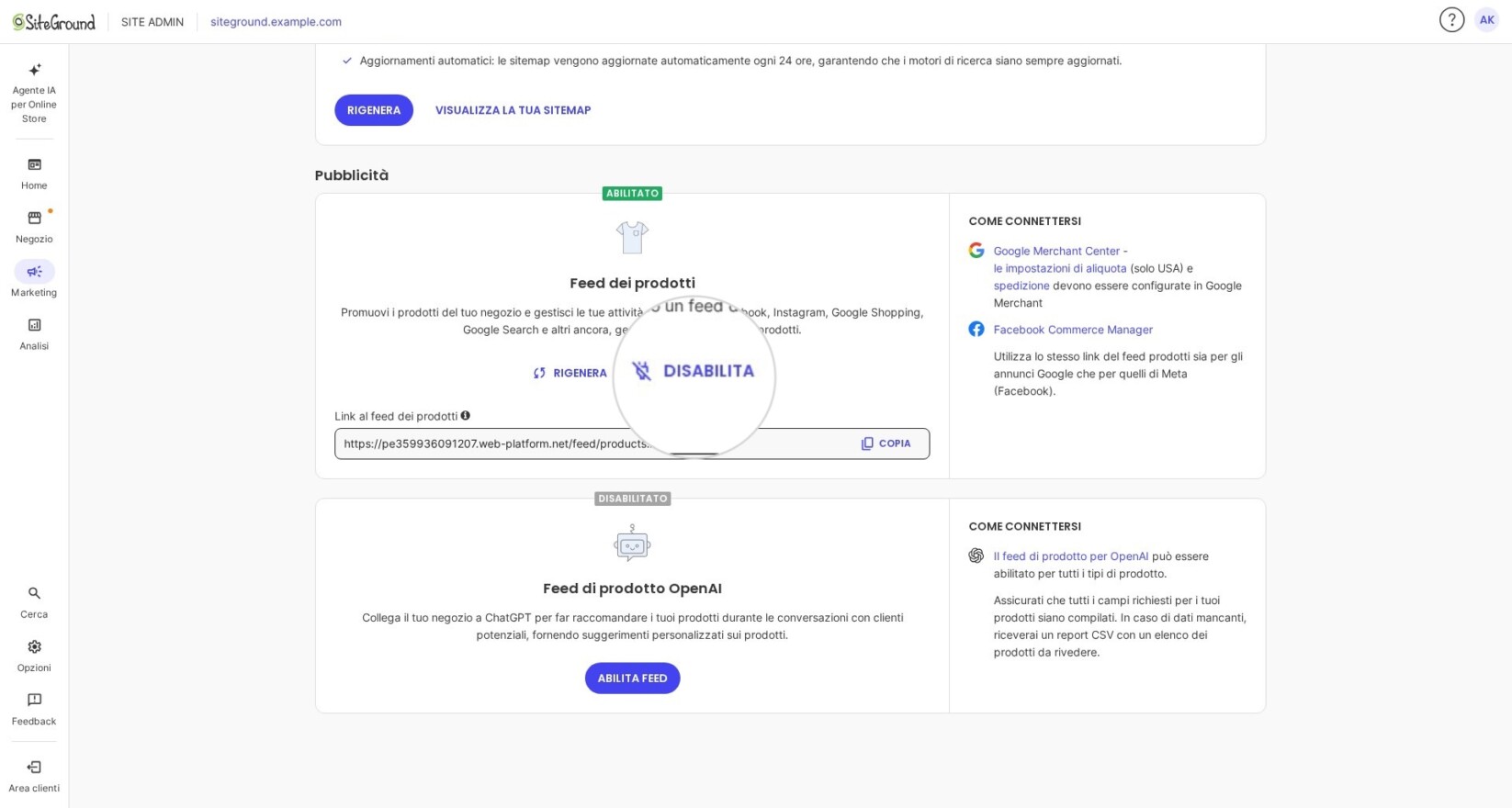 Sezione Marketing in Site Admin per SiteGround Ecommerce che mostra il pulsante Disabilita per disattivare il file product feed